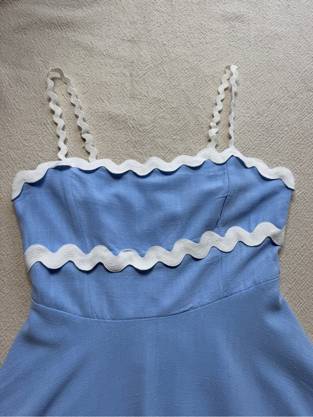 May Berries Sky Blue Fit & Flare White Ric Rac Trim Mini Dress M Coastal Picnic - Picture 4 of 8
